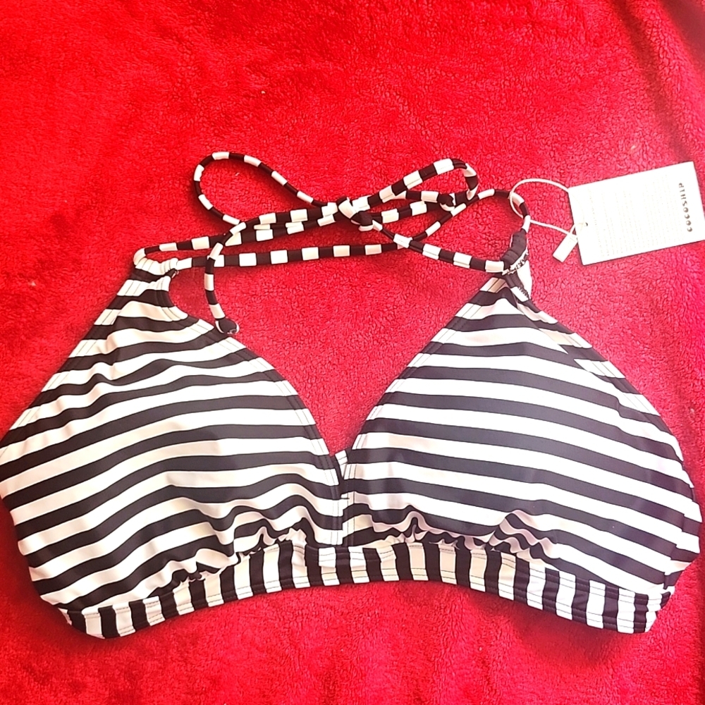 Cocoship Black And White Striped Women's Size 16 Bikini Halter Top NWT